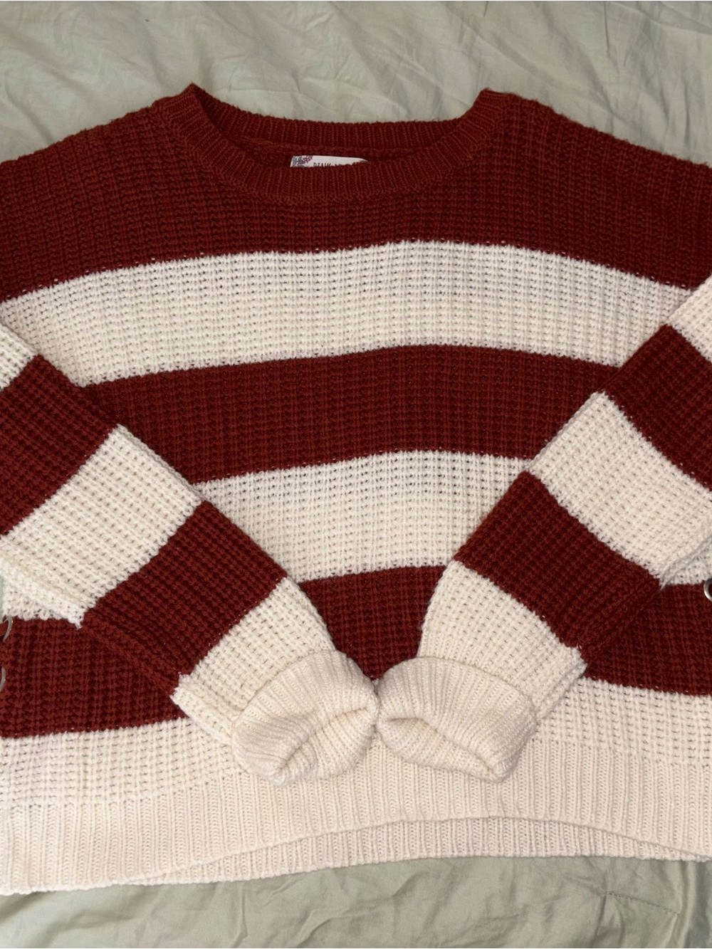 Pink Rose Red and Cream Striped Crewneck Sweater
